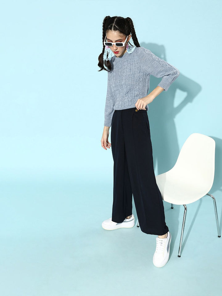 STREET 9 Women Blue Cable Knit Acrylic Pullover