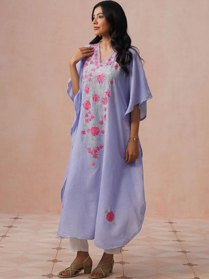 House of Chikankari Wanita Sulaman Bunga Lengan Panjang Kerja Benang Krep Bunga Kaftan Kurta