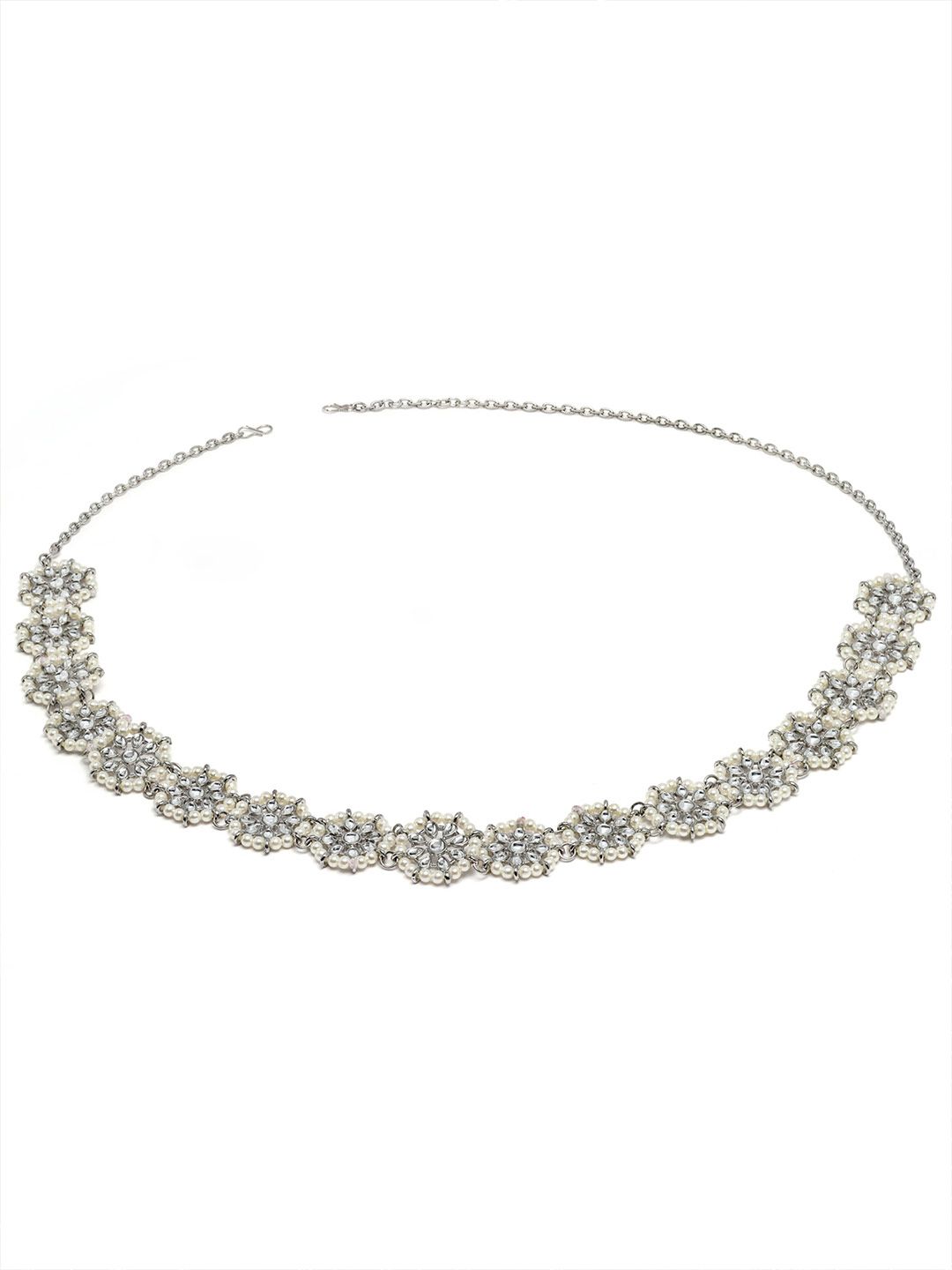 KARATCART Oxidised Sliver-Toned White Kundan-Studded Pearl Beaded Kamarbandh