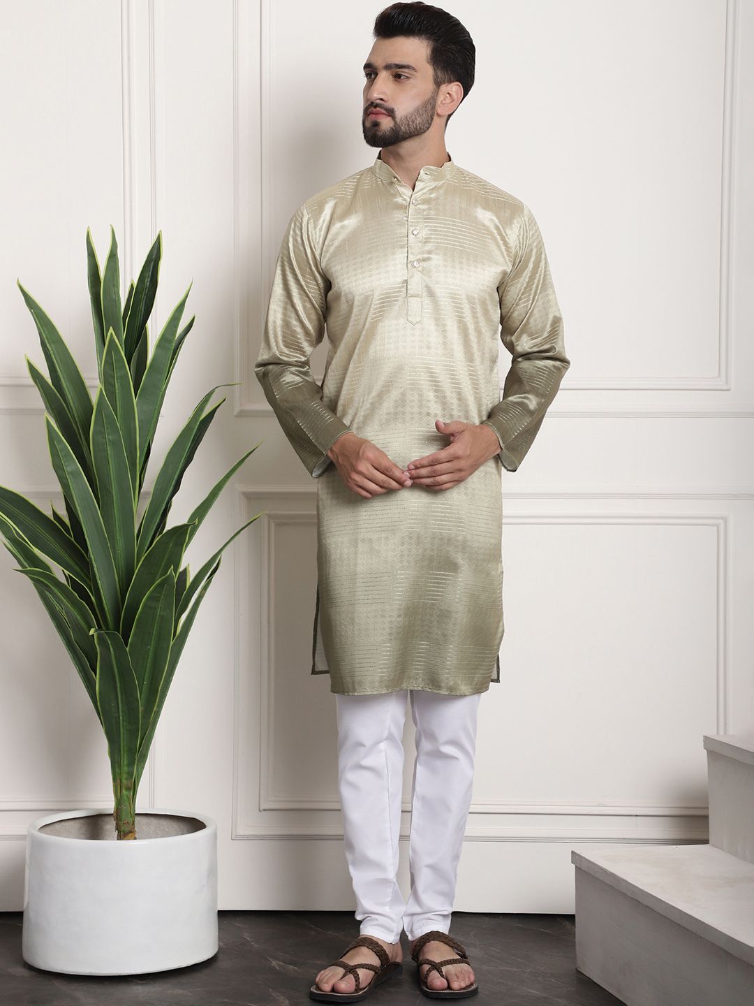 SOJANYA Lelaki Berwarna Emas Benang Kerja Jacquard Kurta