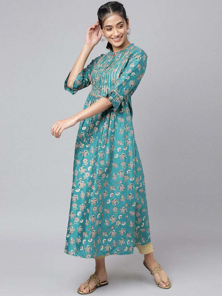 AURELIA Women Green Ethnic Motifs Printed Keyhole Neck Kurta