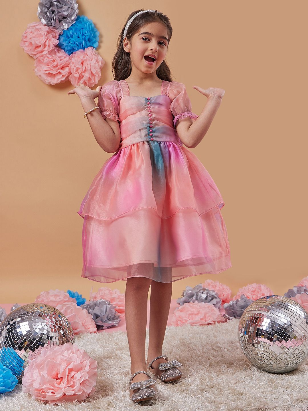 pspeaches Girls Square Neck Short Puff Sleeves Fit & Flare Dress