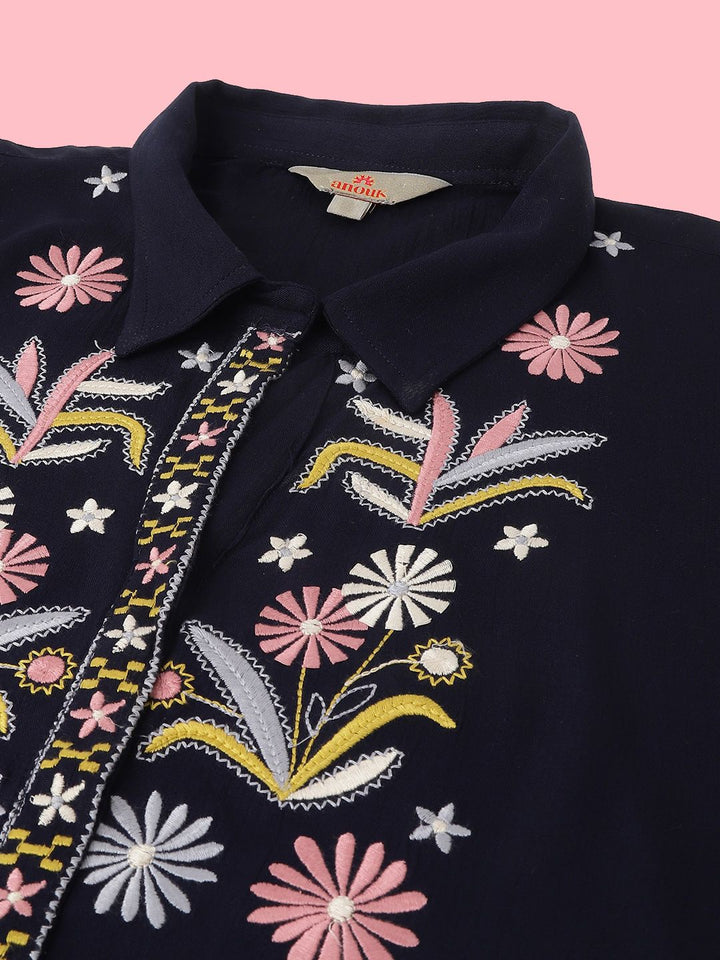 Anouk Navy Blue Embroidered Top With Trousers Co-Ords