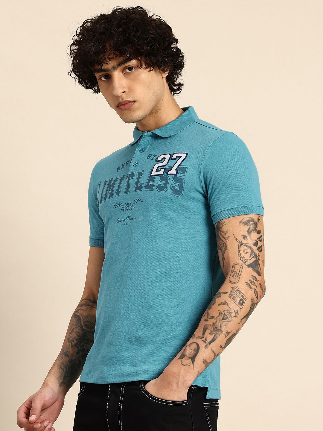 Being Human Typography Printed Polo Collar Pure Cotton Applique T-shirt