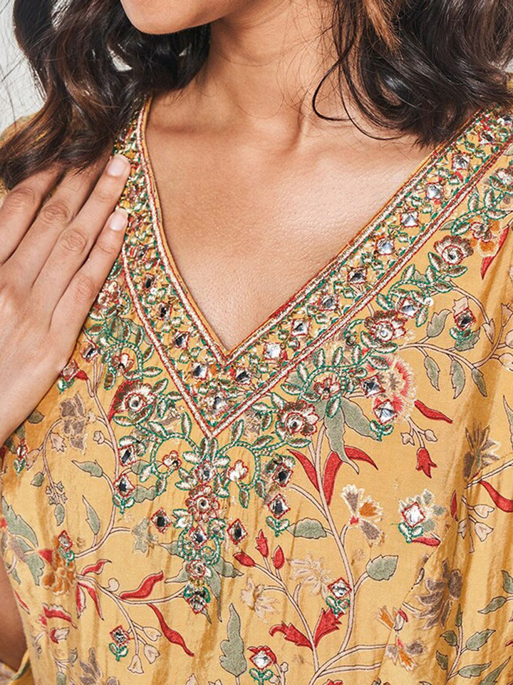 Global Desi Floral Printed Thread Work Kurta With Skirt