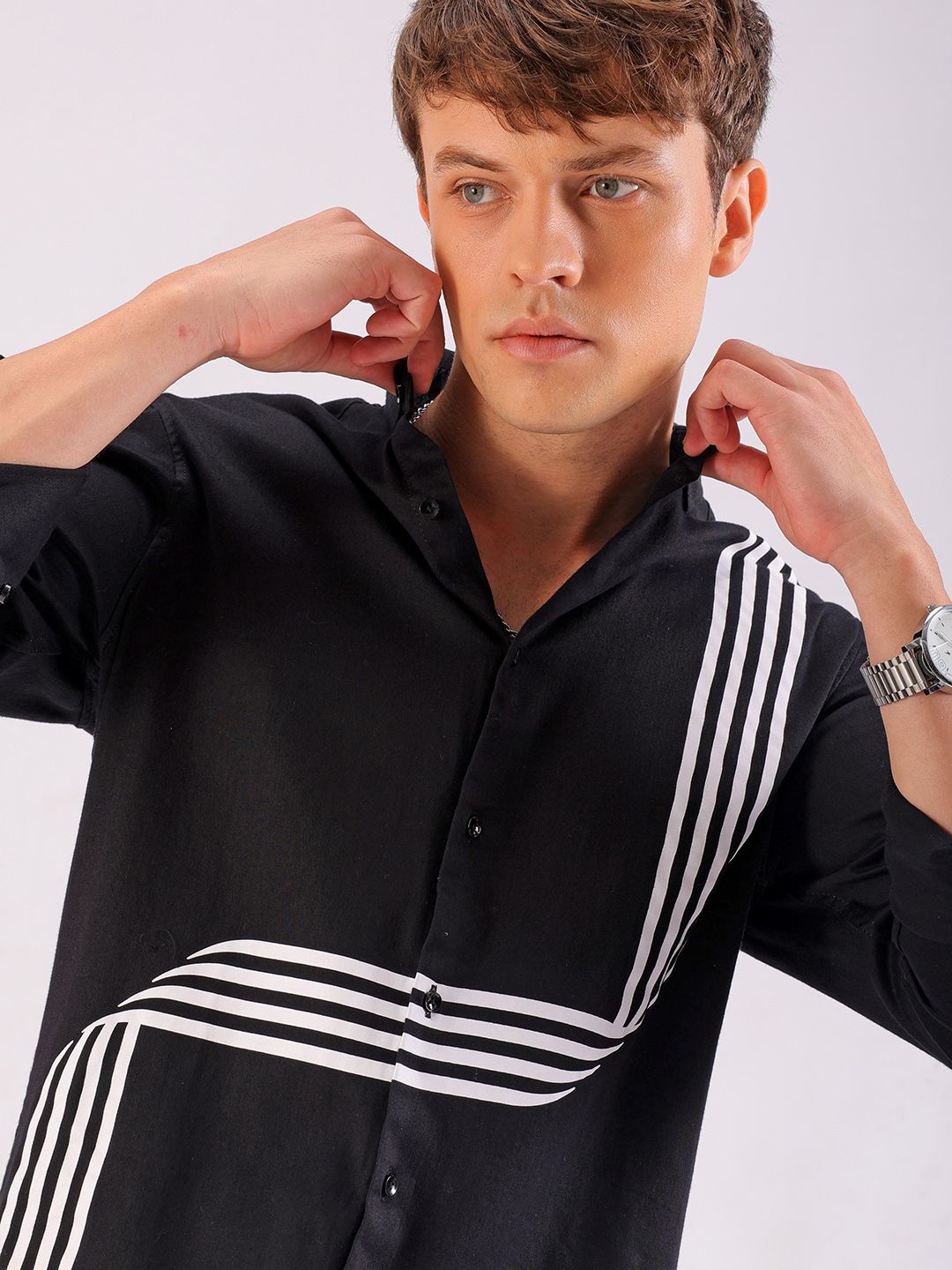 The Indian Garage Co Slim Fit Striped Band Collar Cotton Casual Shirt