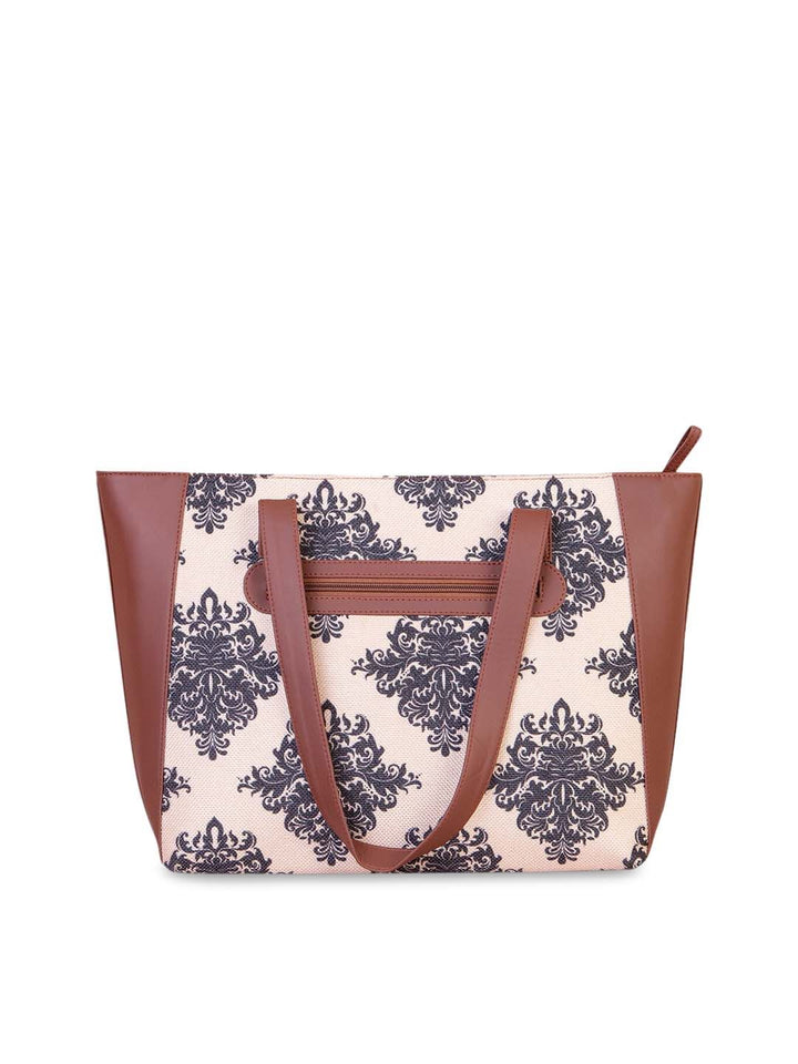 ZOUK Peach-Coloured Floral Printed Structured Tote Bag