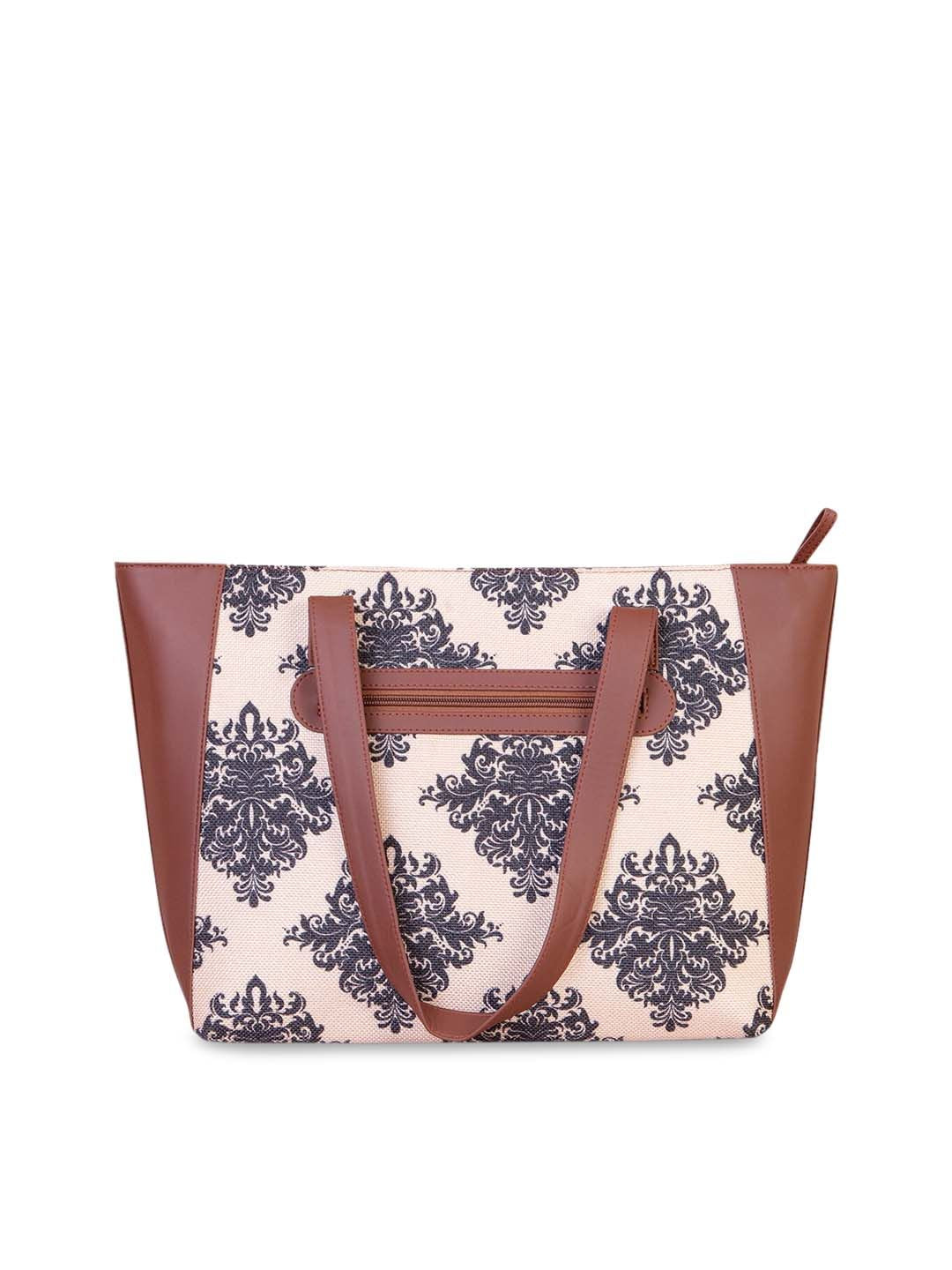 ZOUK Peach-Coloured Floral Printed Structured Tote Bag