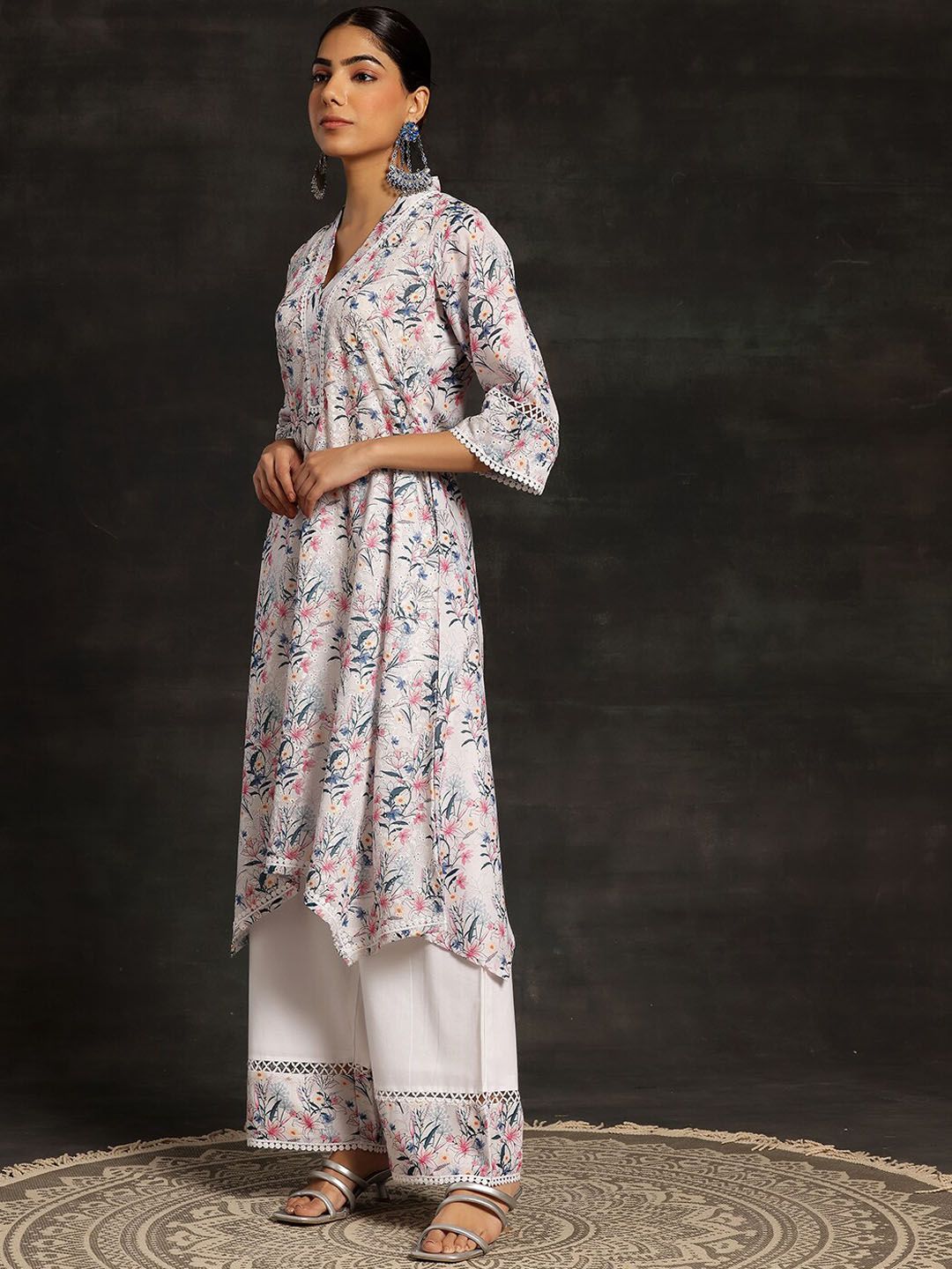 Libas Floral Printed V-Neck Regular Chikankari Kurta with Palazzos