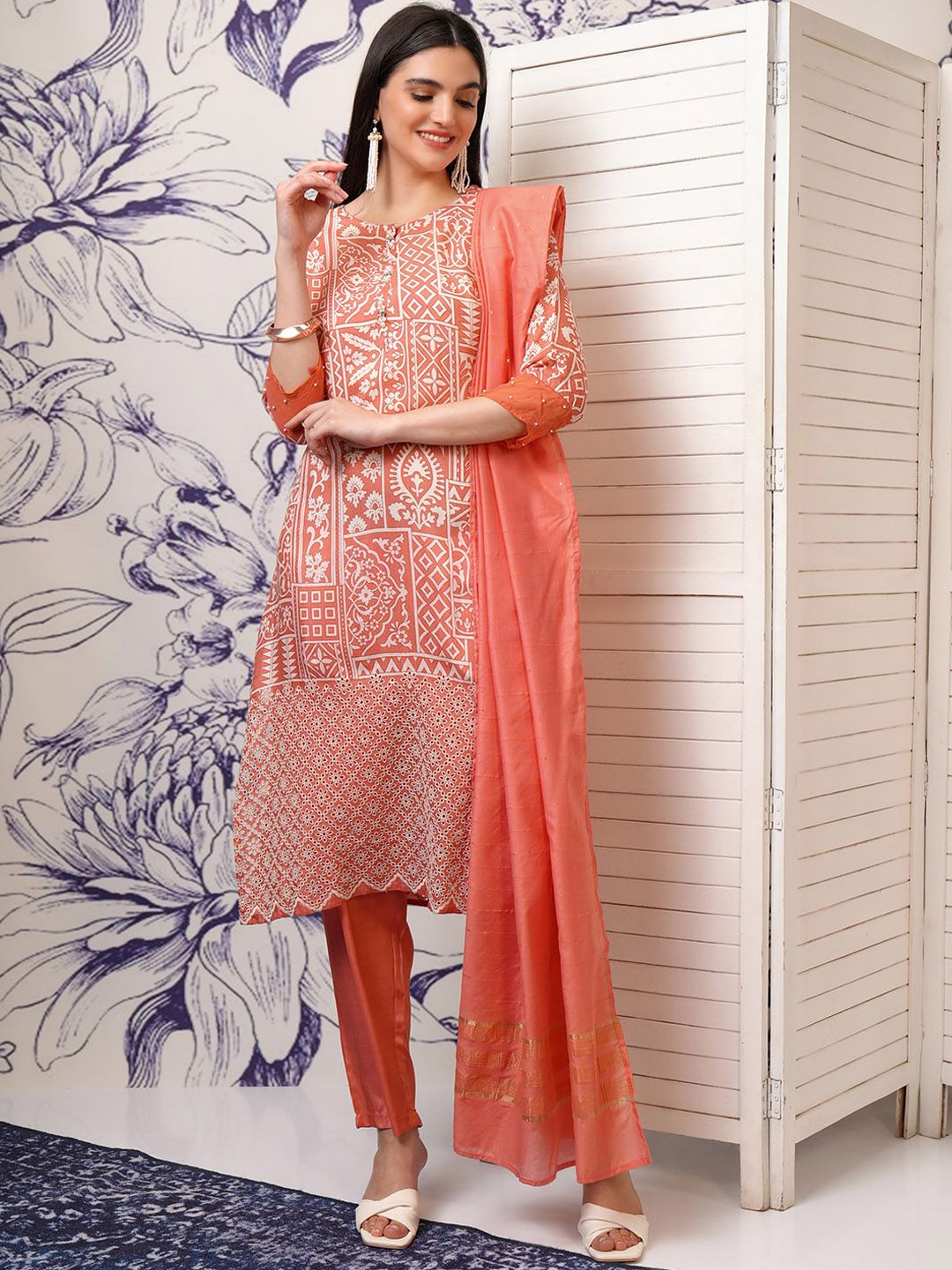 Vishudh Ethnic Motifs Printed Sequinned Straight Kurta with Trousers & Dupatta