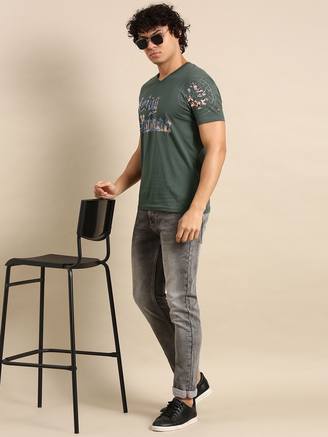 Being Human Graphic Typography Printed V-Neck Pure Cotton Slim Fit T-shirt