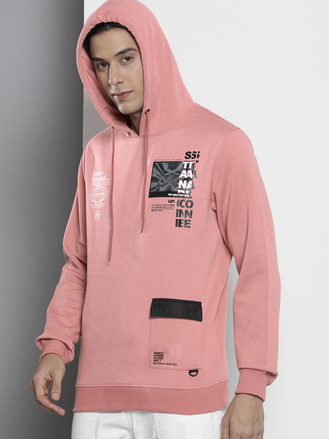 The Indian Garage Co Men Pink Printed Hooded Sweatshirt