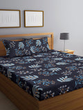 KLOTTHE Black & Blue Floral Printed 300TC Fitted Double King Bedsheet With 2 Pillow Covers