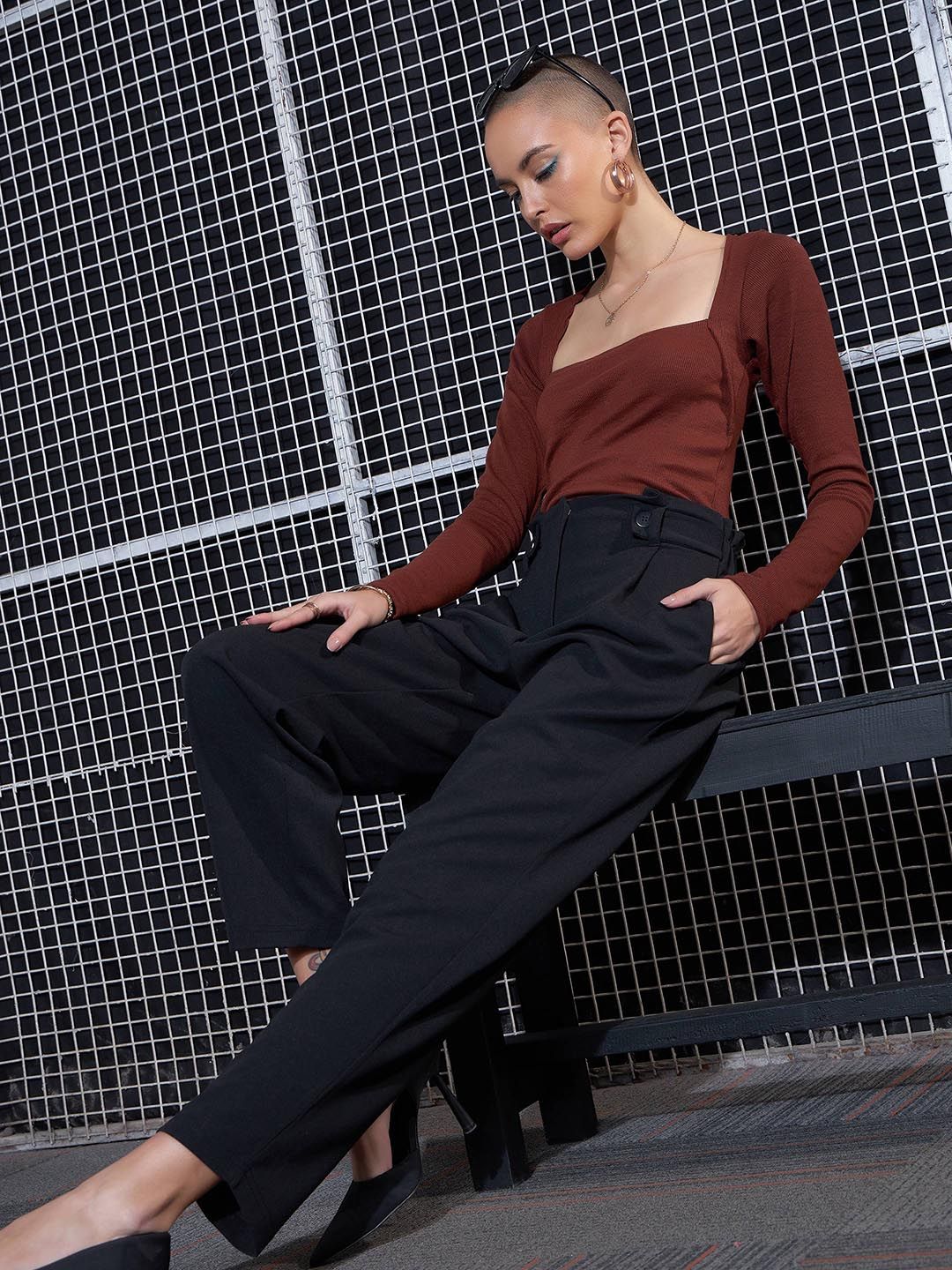 SASSAFRAS Women Black High-Rise Pleated Trousers