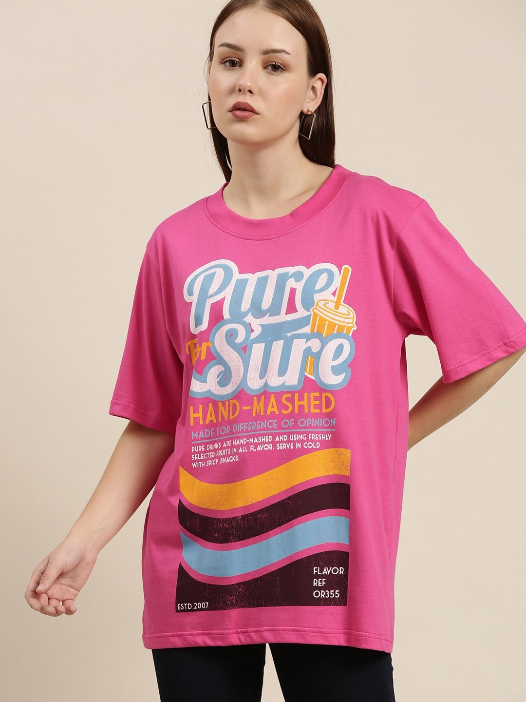 Difference of Opinion Women Pink Printed Pure Cotton Loose Pure Cotton T-shirt