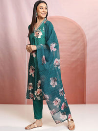 Vishudh Green Floral Printed Thread Work Straight Kurta With Trousers & Dupatta