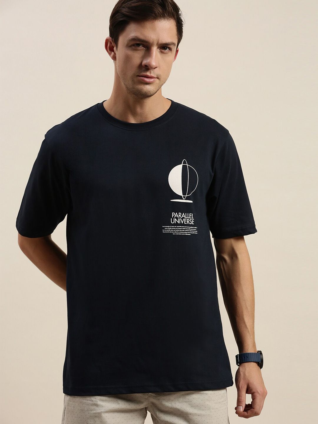 Difference of Opinion Men Navy Blue  White Typography Printed Loose Fit Pure Cotton T-shirt