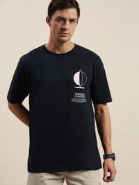 Difference of Opinion Men Navy Blue  White Typography Printed Loose Fit Pure Cotton T-shirt
