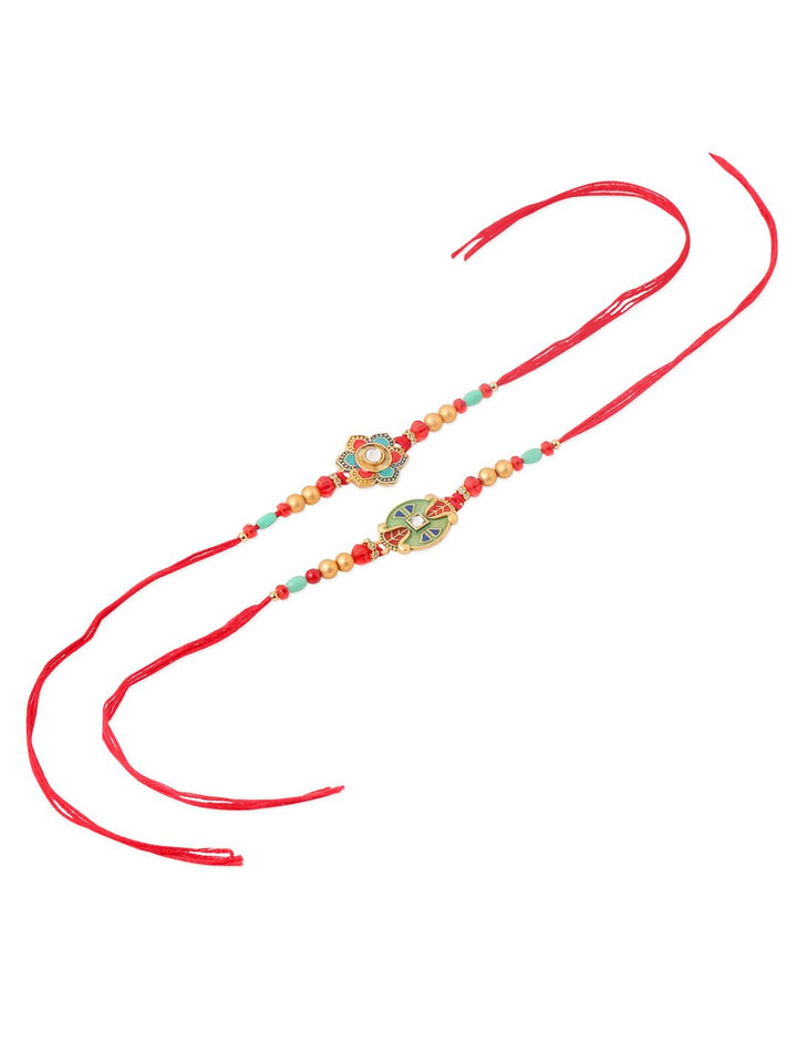 NVR Unisex Set of 2 Artificial Stones & Beads Thread Rakhi With Roli Chawal Chandan Mishri