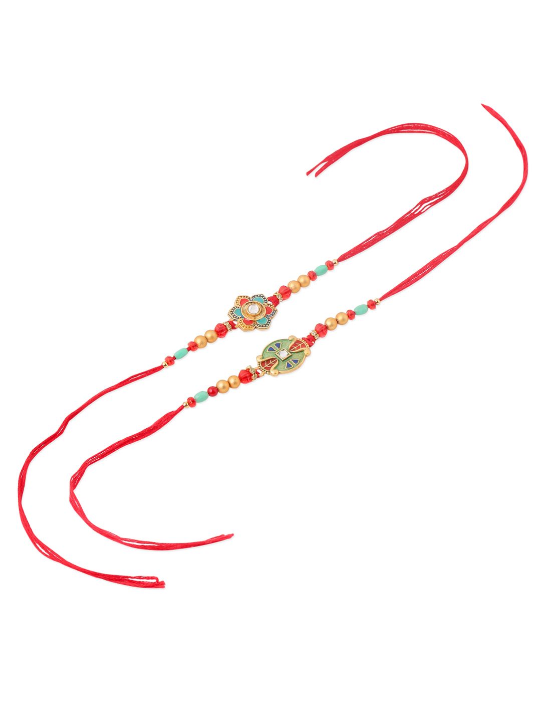 NVR Unisex Set of 2 Artificial Stones & Beads Thread Rakhi With Roli Chawal Chandan Mishri