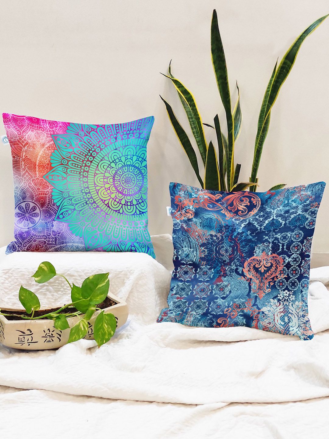 STITCHNEST Pack Of 2 Teal Abstract Printed Square Cushion Covers