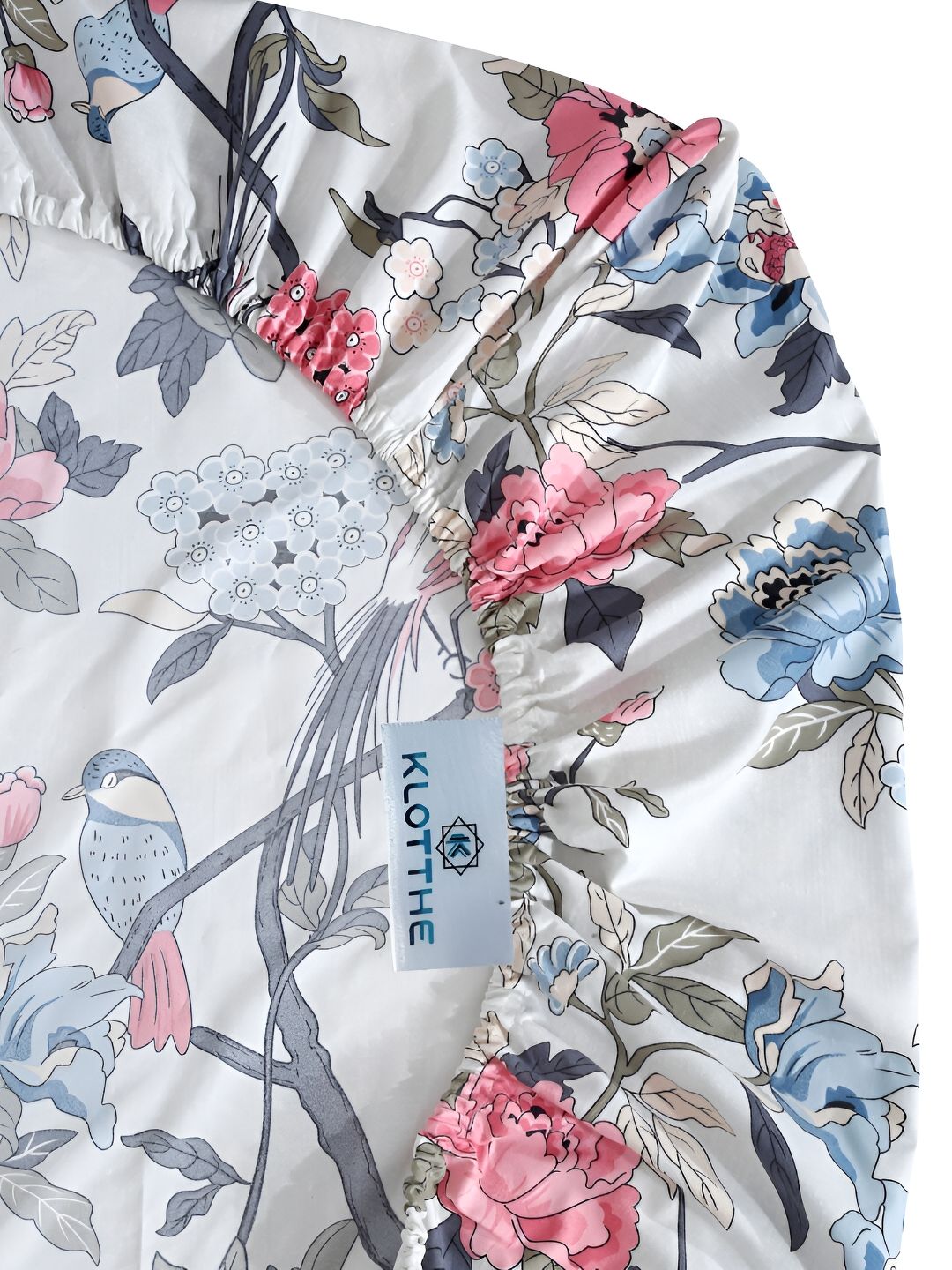 KLOTTHE White & Blue Fitted Floral 300 TC Double King Bedsheet with 2 Pillow Covers