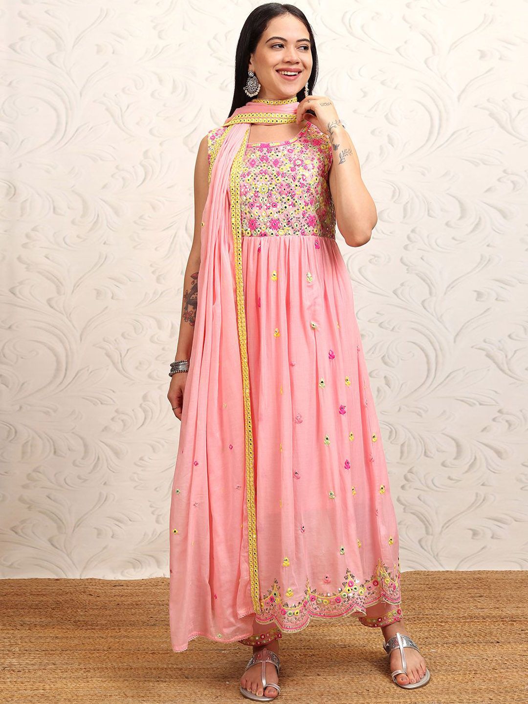 Vishudh Pink Embroidered Thread Work Pure Cotton Anarkali Kurta With Trousers & Dupatta