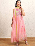 Vishudh Pink Embroidered Thread Work Pure Cotton Anarkali Kurta With Trousers & Dupatta