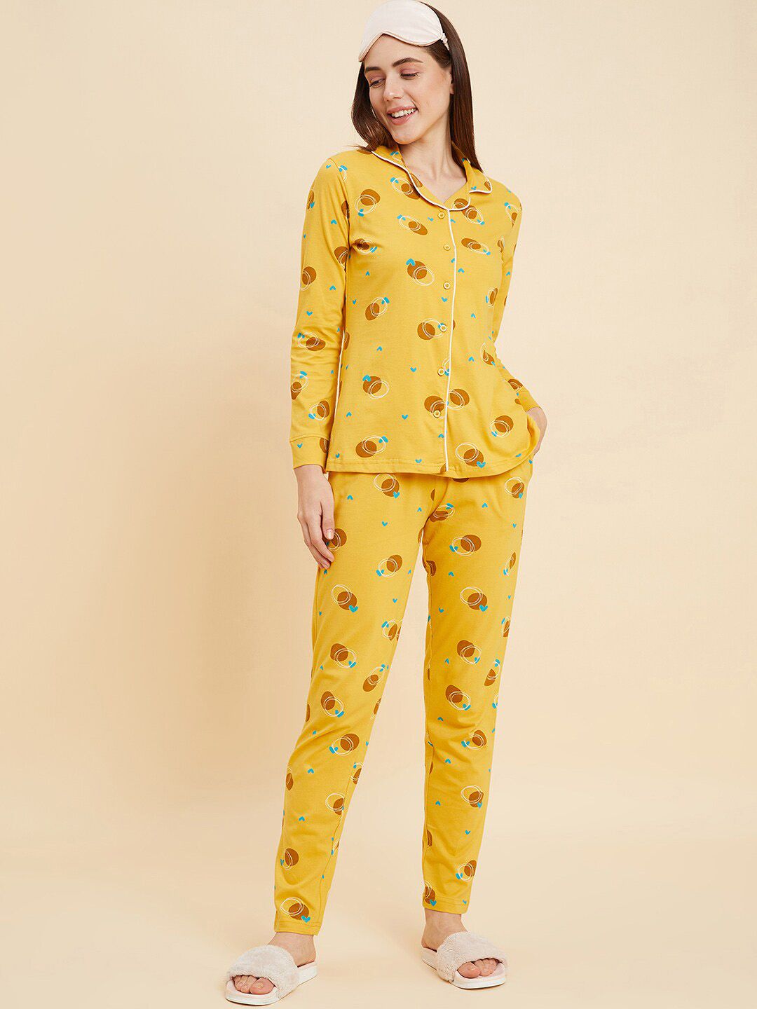 Sweet Dreams Mustard & Brown Conversational Printed Pure Cotton Night suit