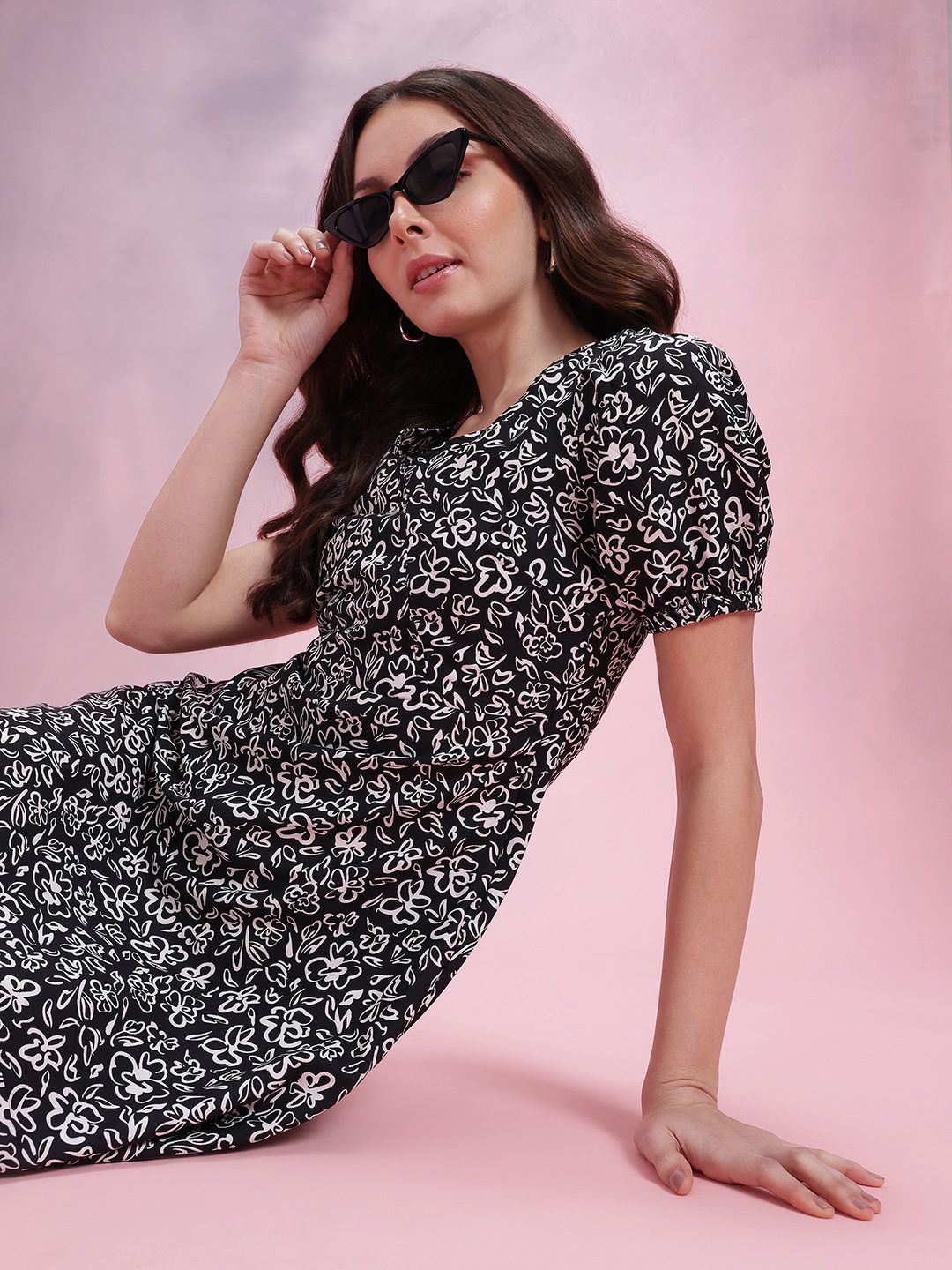 DressBerry Print Puff Sleeve A-Line Dress