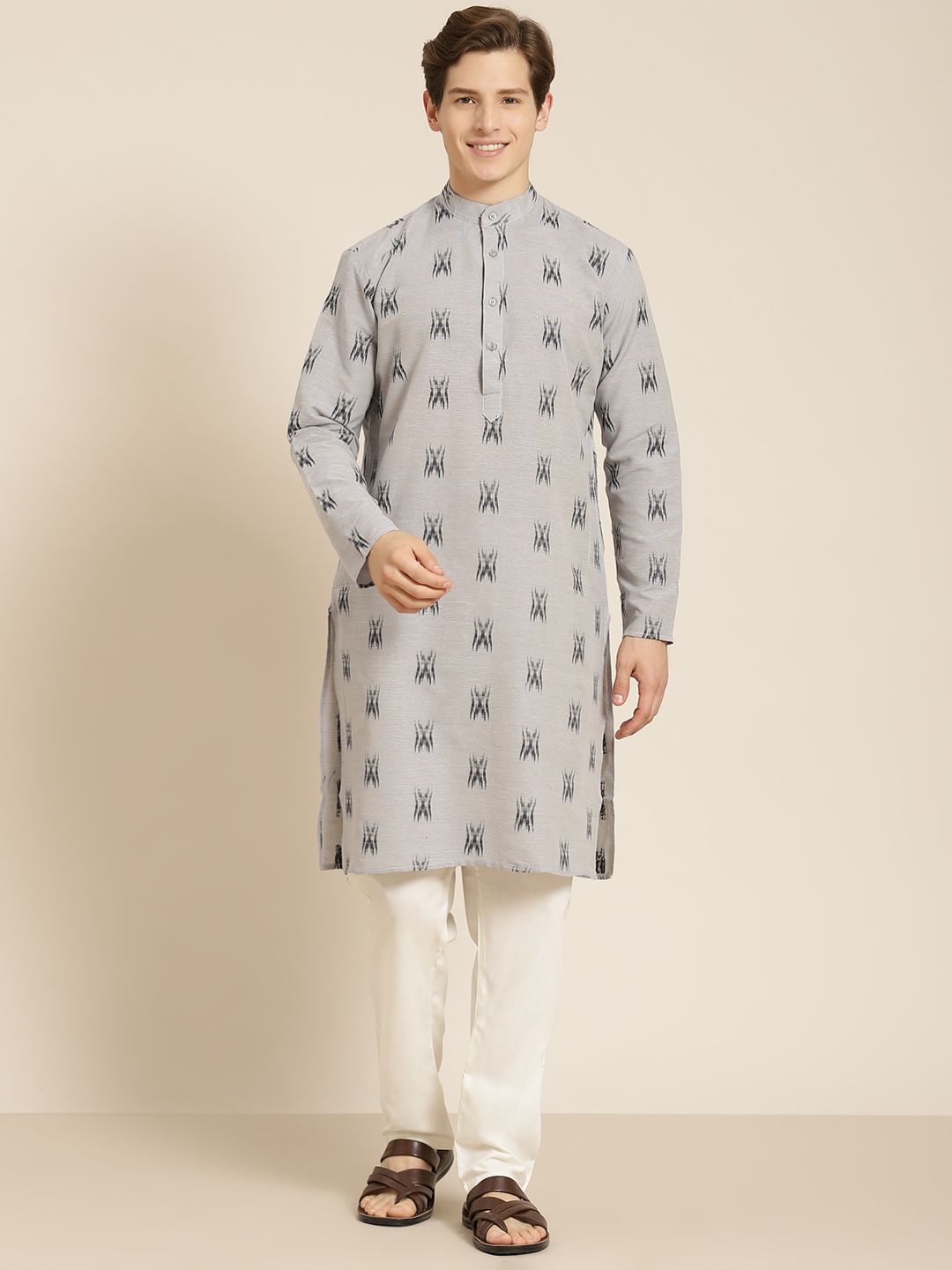 SOJANYA Lelaki Grey & Black Pure Cotton Self Design Kurta
