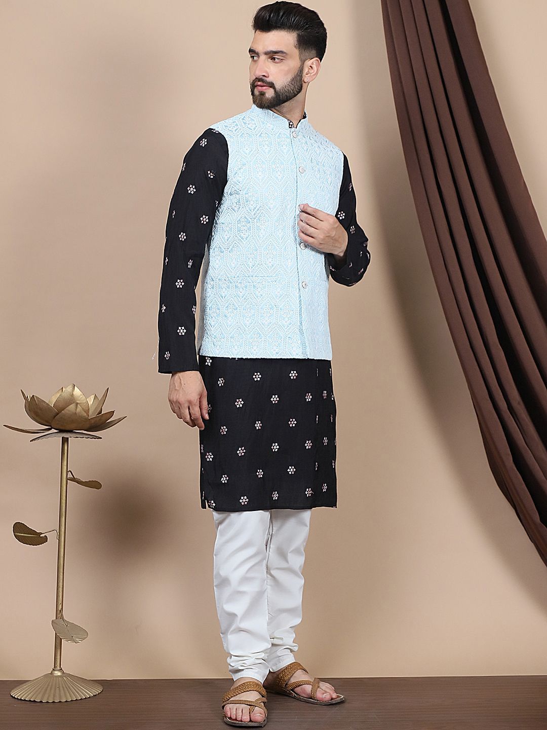 Anouk Black Floral Embroidered Straight Sequinned Kurta with Churidar