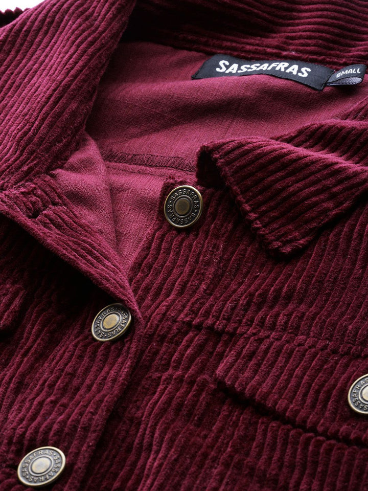 SASSAFRAS Women Burgundy Self-Striped Corduroy Crop Tailored Jacket