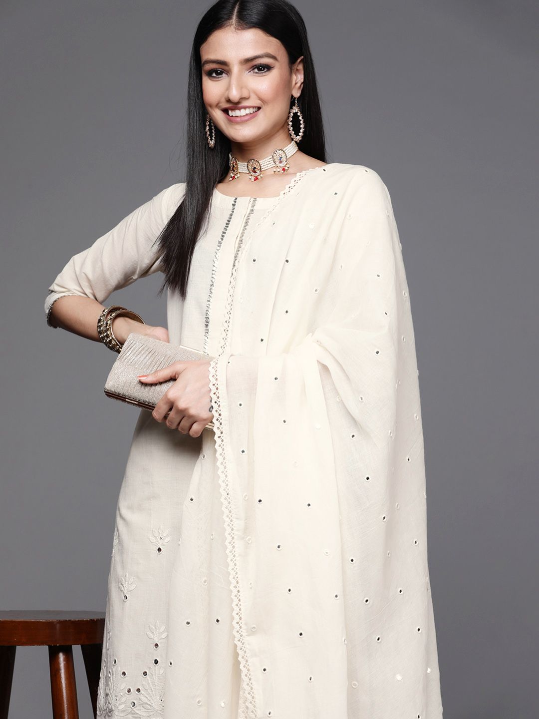 Libas Women Off White  Floral Mirror detail Cotton Straight Kurta & Palazzos with Dupatta