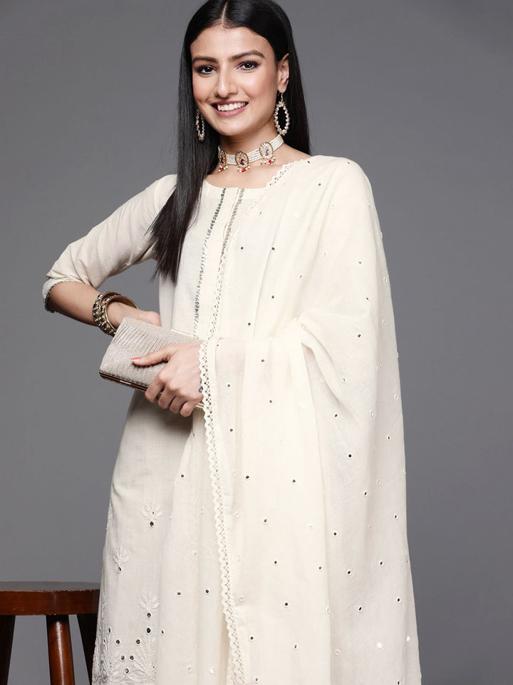 Libas Women Off White  Floral Mirror detail Cotton Straight Kurta & Palazzos with Dupatta