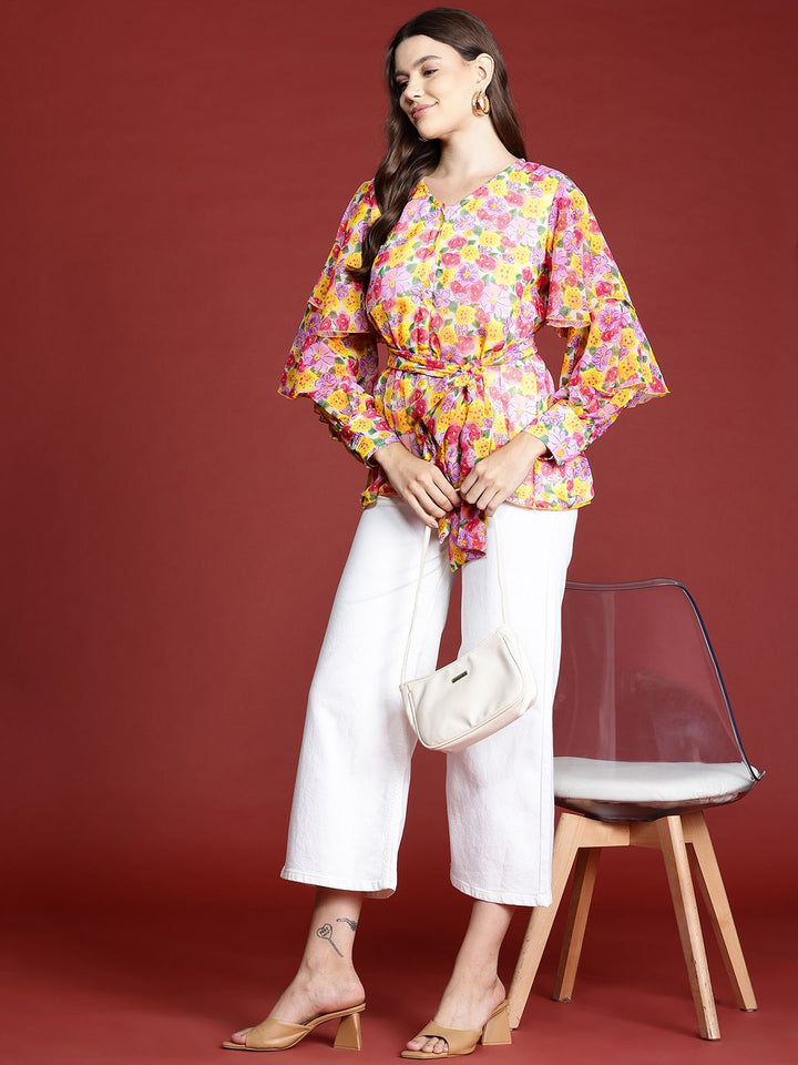 all about you Floral Print Puff Sleeves Georgette Peplum Top