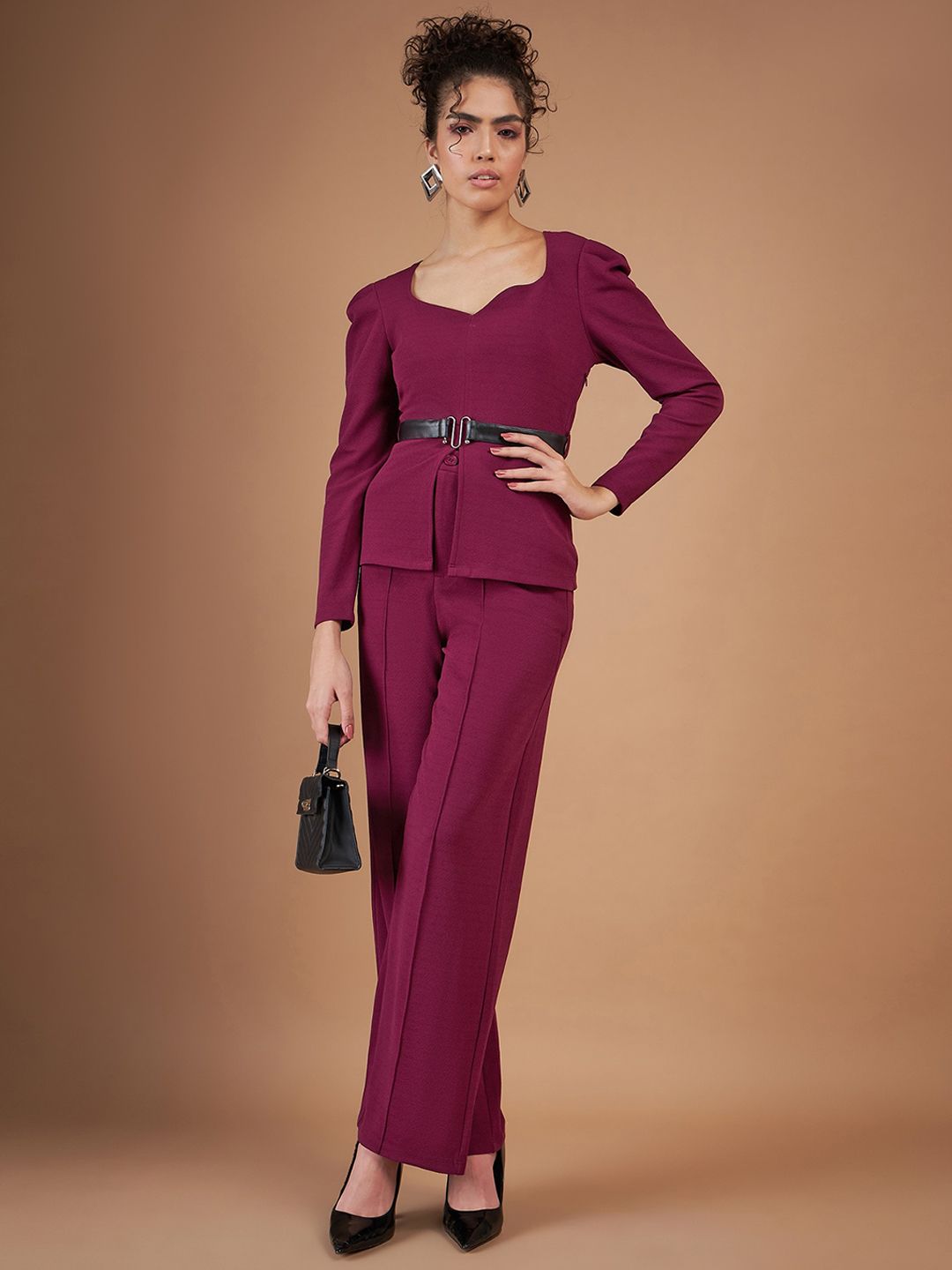 SASSAFRAS Maroon Puffed Slevees Top With Trousers
