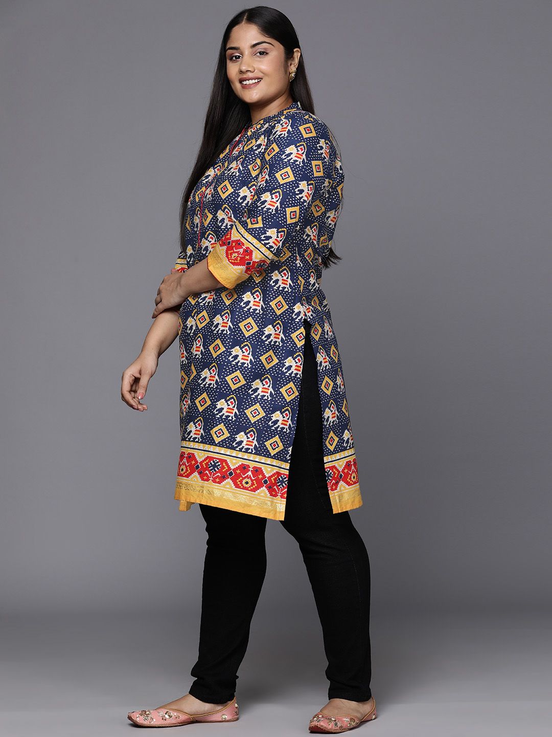 Indo Era Plus Size Geometric Foil Printed Block Print Kurta