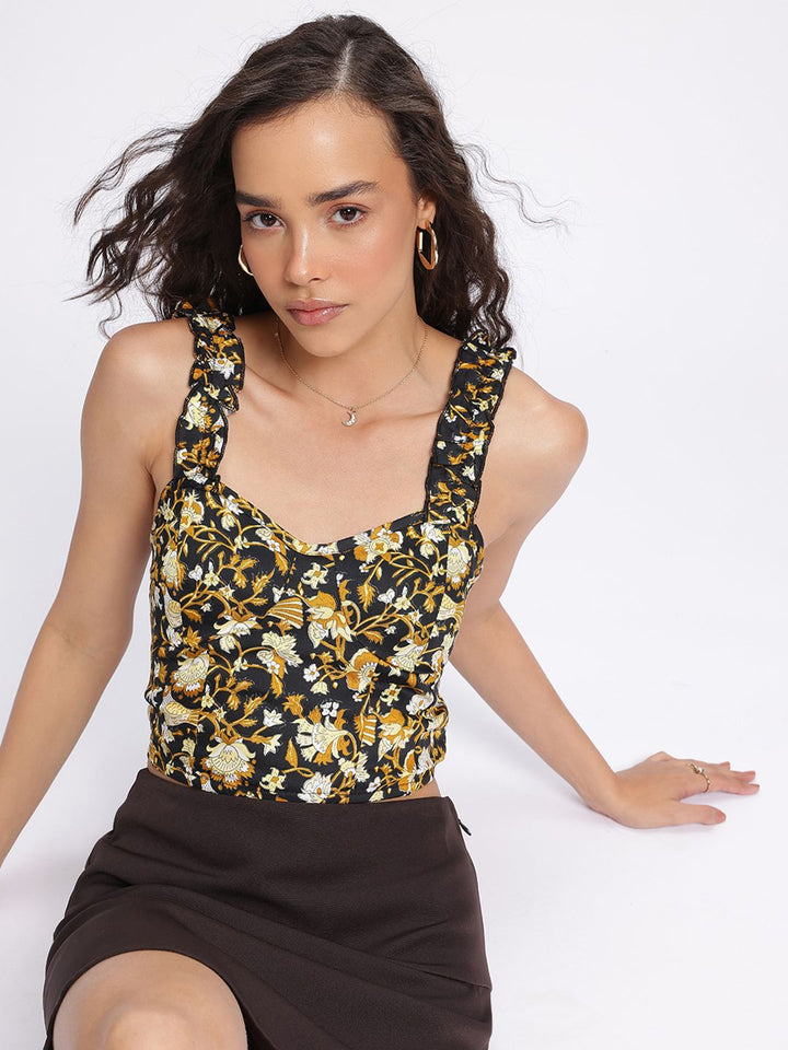 DressBerry Modern Muse Printed Ruffles Straps Crop Top