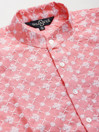 SOJANYA Men Pink & White Embroidered Thread Work Kurta with Churidar & Nehru Jacket