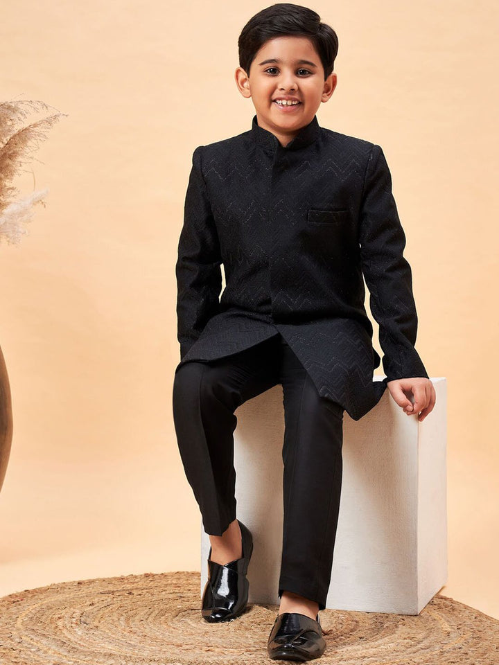 VASTRAMAY Boys Self Design Mandarin Collar Sherwani Set