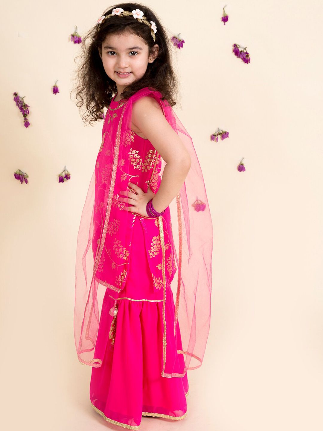 pspeaches Girls Magenta Floral Printed Kurta with Sharara & Dupatta