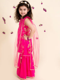 pspeaches Girls Magenta Floral Printed Kurta with Sharara & Dupatta