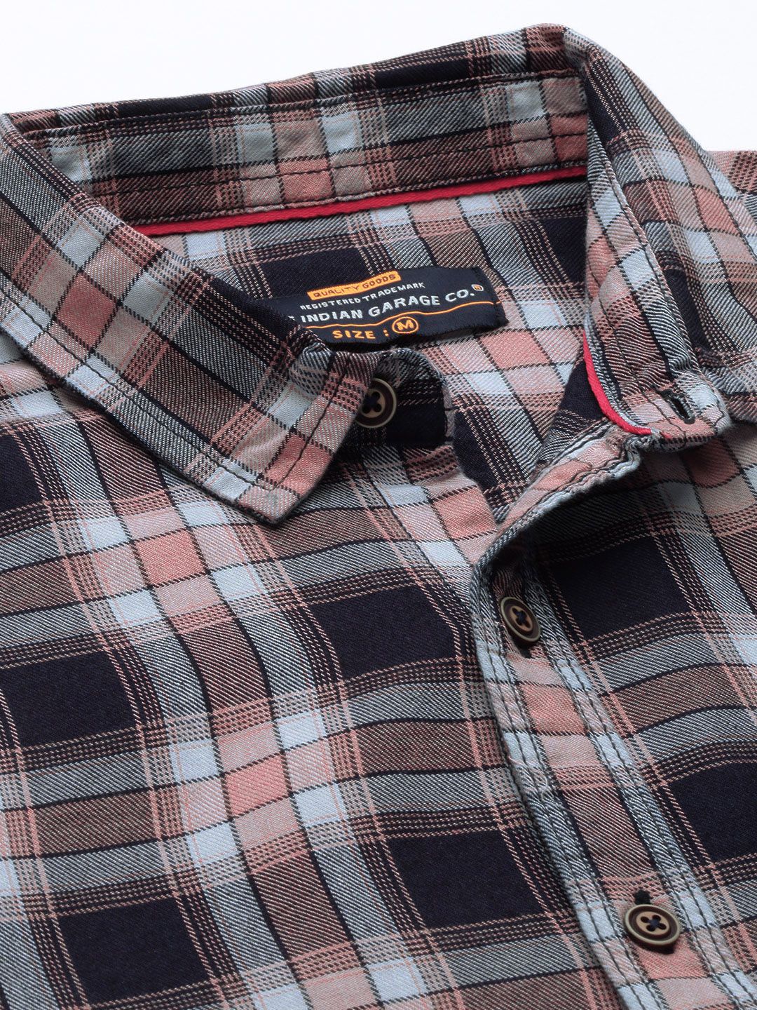 The Indian Garage Co Men Navy Blue & Peach-Coloured Cotton Checked Casual Shirt