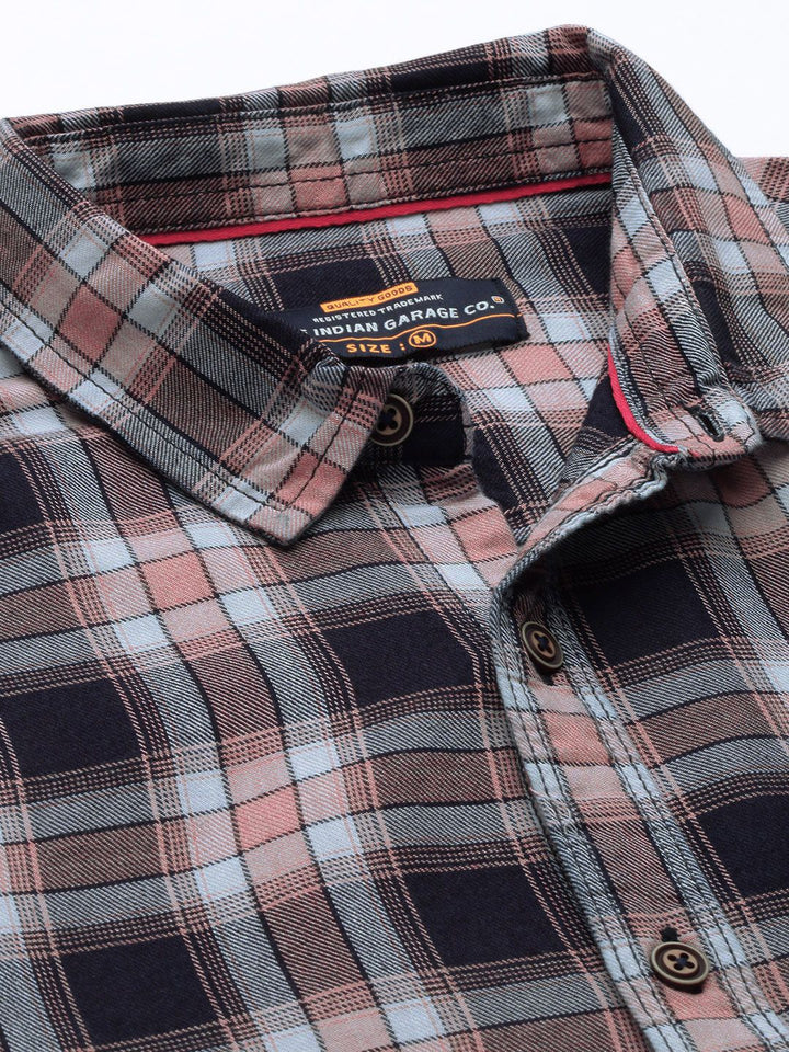The Indian Garage Co Men Navy Blue & Peach-Coloured Cotton Checked Casual Shirt