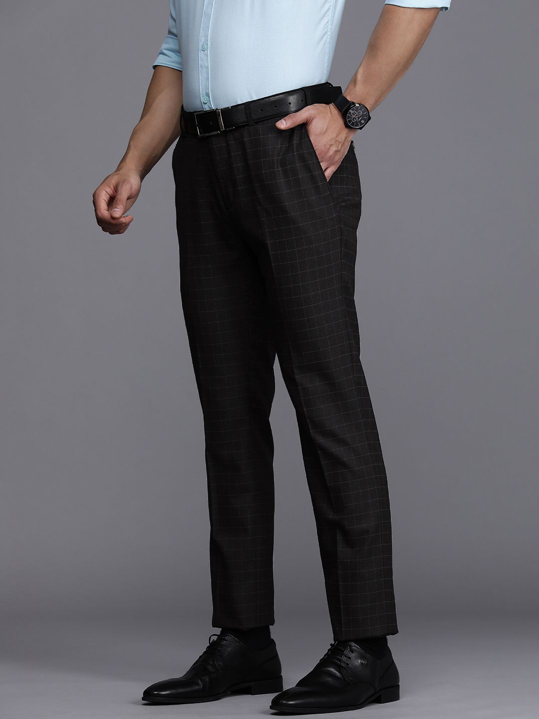 Raymond Men Grey Checked Slim Fit Formal Trousers