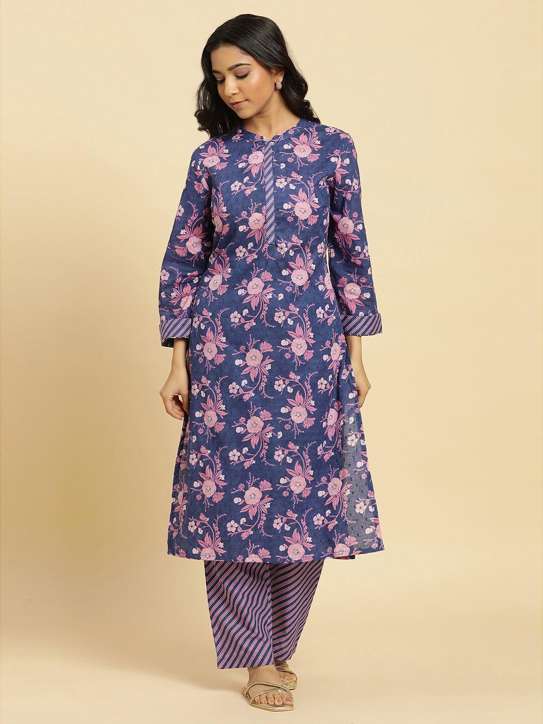 W Floral Printed Straight Pure Cotton Kurta with Trouser