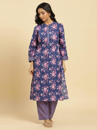 W Floral Printed Straight Pure Cotton Kurta with Trouser