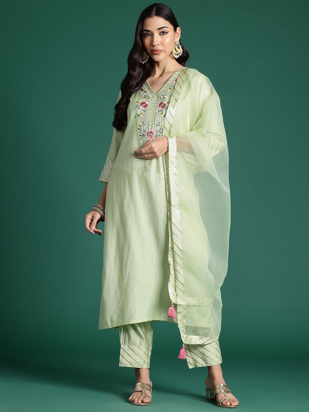 Indo Era Floral Embroidered Thread Work Kurta With Trousers & Dupatta
