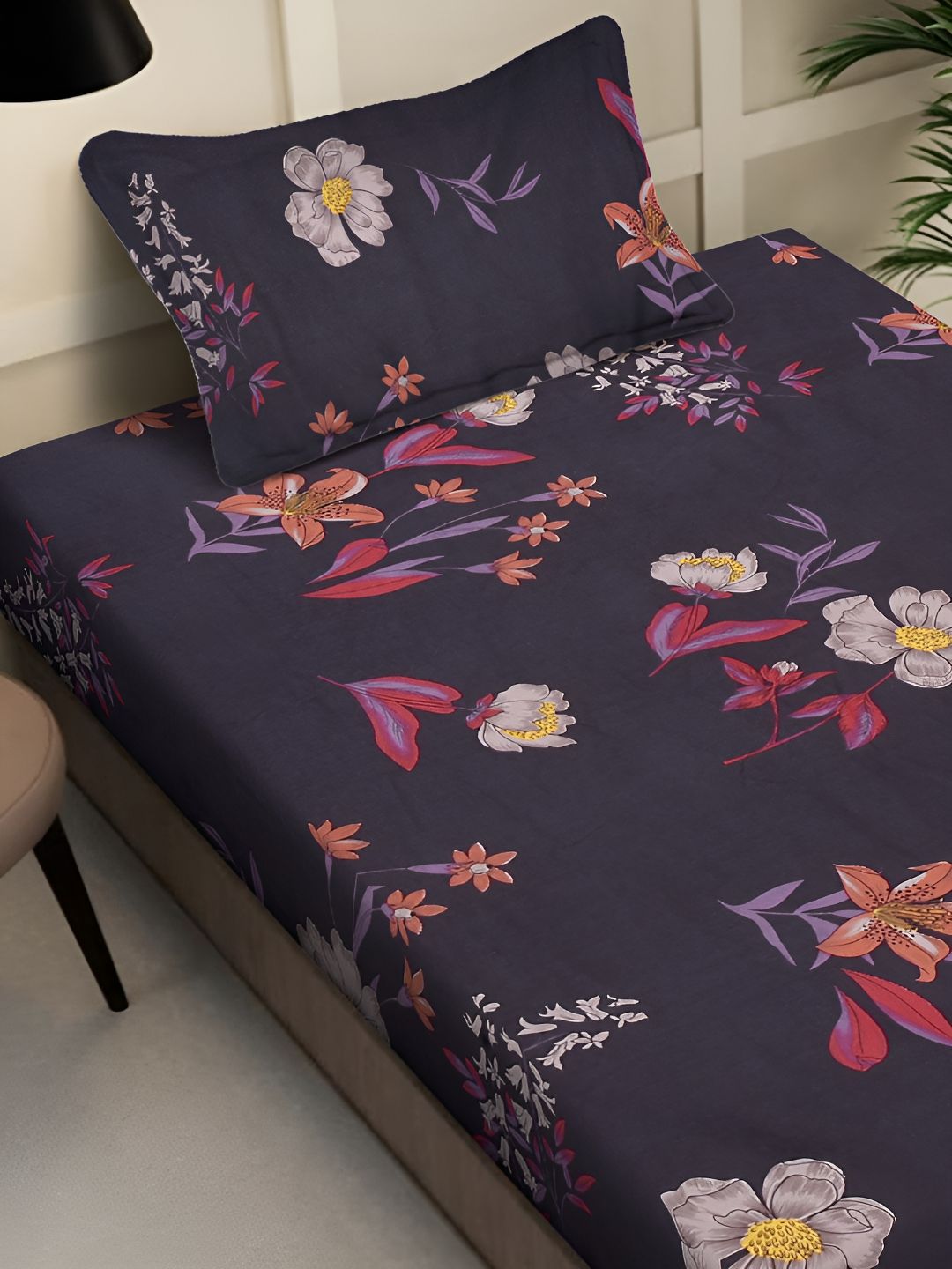 KLOTTHE Purple & Pink Floral Printed 300 TC Single Bedsheet With Pillow Cover